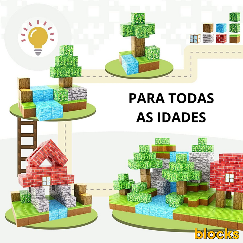 Blocos de Construção Minecraft - 40 Blocos Magnéticos (+5 Bonecos Grátis)