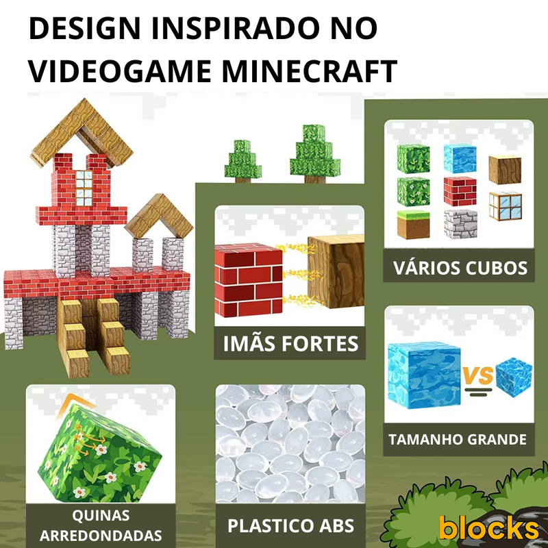 Blocos de Construção Minecraft - 40 Blocos Magnéticos (+5 Bonecos Grátis)