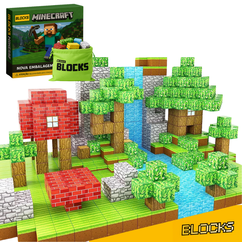 Blocos de Construção Minecraft - 40 Blocos Magnéticos (+5 Bonecos Grátis)