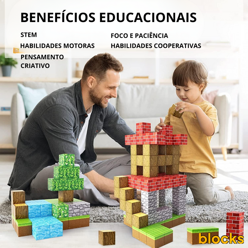 Blocos de Construção Minecraft - 40 Blocos Magnéticos (+5 Bonecos Grátis)